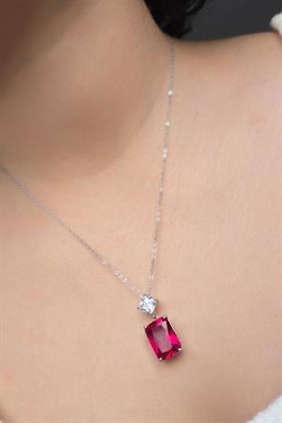 YAKUT RUBY DİKDÖRTGEN GÜMÜŞ KOLYE