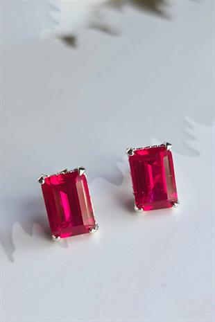 YAKUT RUBY DİKDÖRTGEN GÜMÜŞ KÜPE