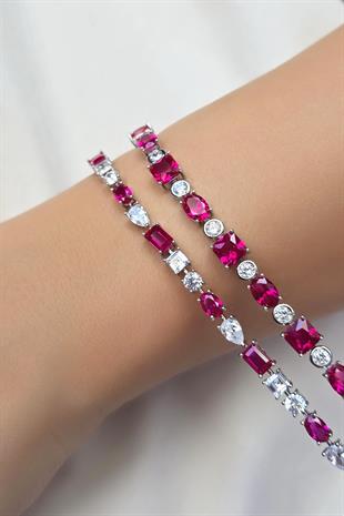 YAKUT RUBY KARE ÇOKLU ŞEKİL GÜMÜŞ BİLEZİK