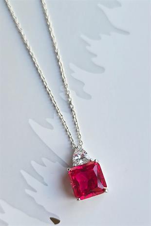 YAKUT RUBY KARE GÜMÜŞ KOLYE