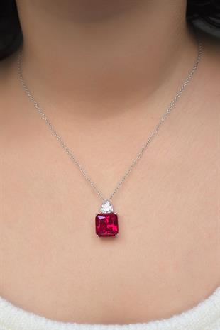 YAKUT RUBY KARE GÜMÜŞ KOLYE