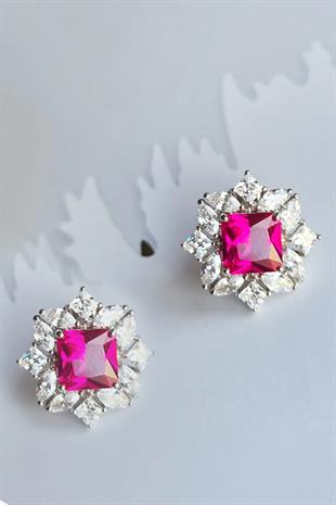 YAKUT RUBY KARE ÖZEL KESİM GÜMÜŞ KÜPE