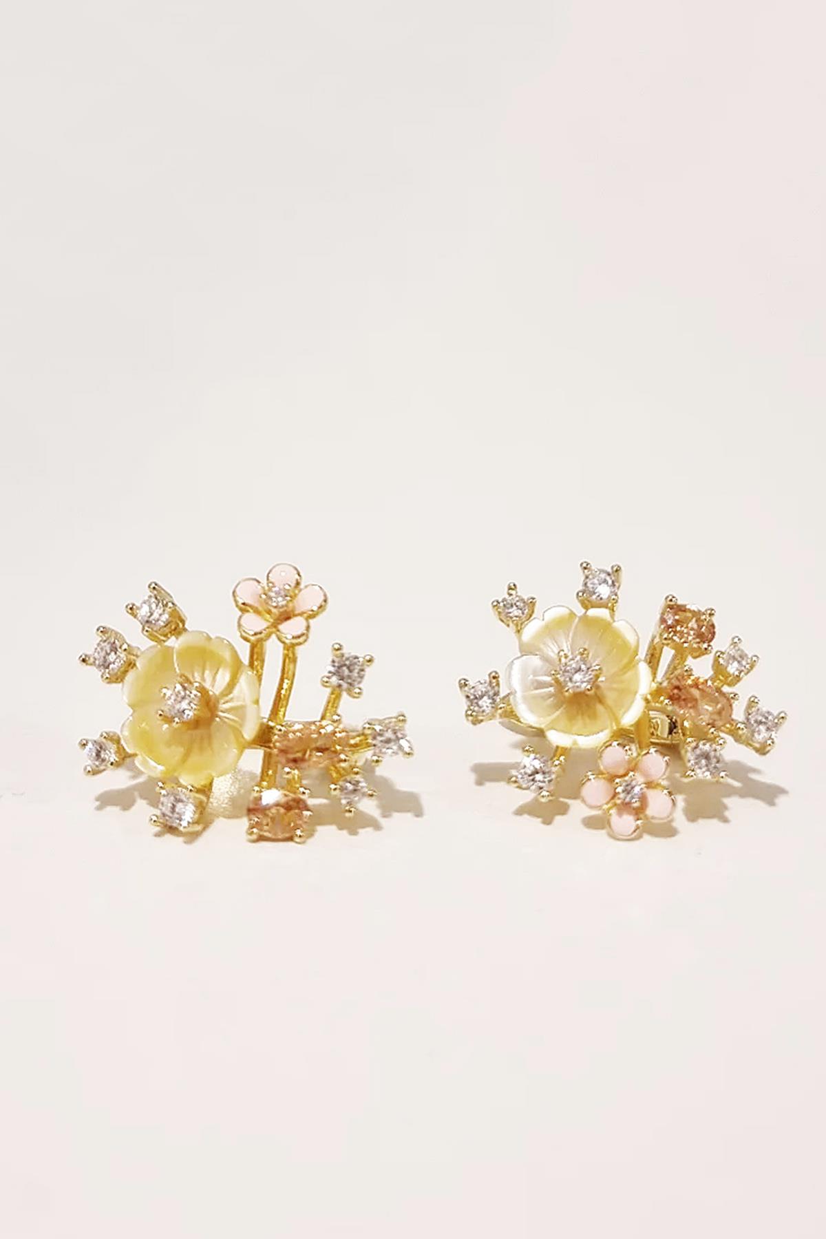 ÇİFT İTHAL GANEZZİ ALTIN SEDEF ÇİÇEKLİ GÜMÜŞ KÜPE