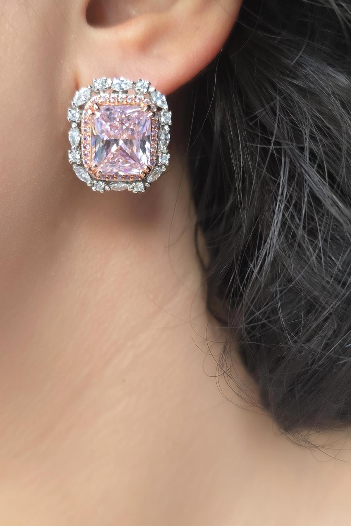 ICE CUT PEMBE BÜYÜK TAŞLI GÜMÜŞ KÜPE
