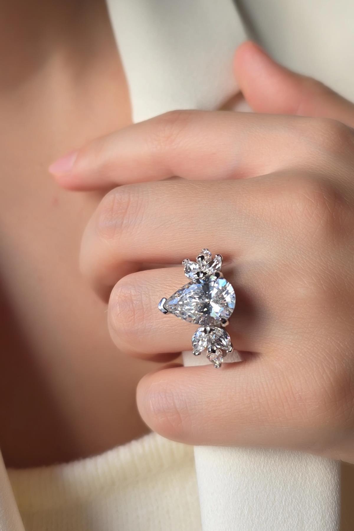 MOZANİT 3LÜ DAMLA LARGE GÜMÜŞ YÜZÜK