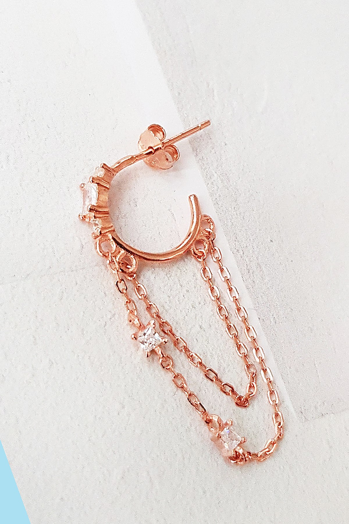 TEKLİ, İTHAL DOUBLE ZİNCİR TAŞLI GÜMÜŞ KÜPE