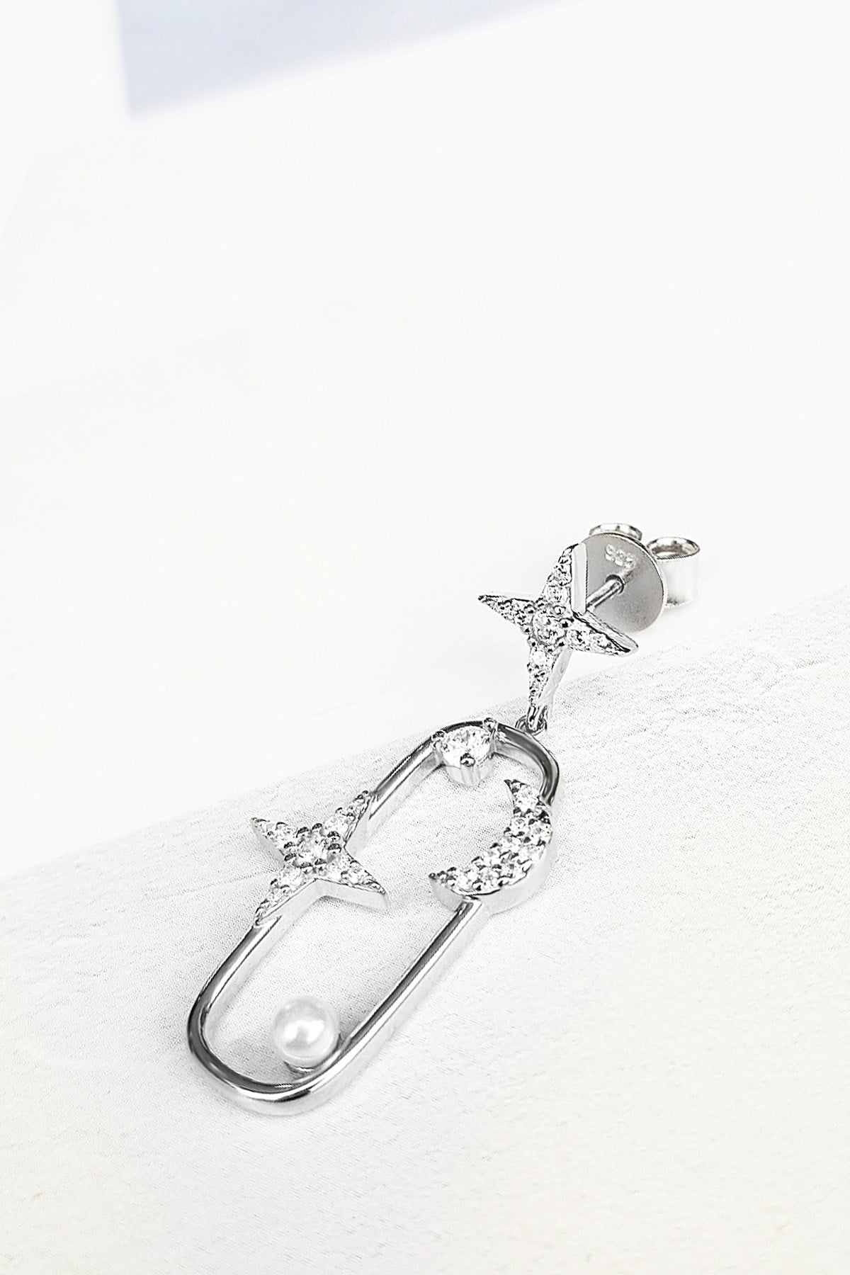 TEKLİ İTHAL SQUARE MOON STAR PEARL GÜMÜŞ KÜPE