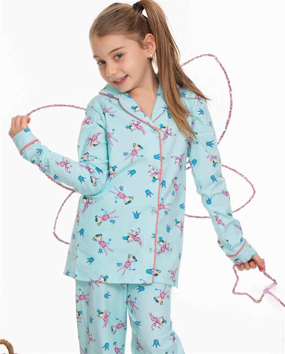  kız düğmeli pijama takımı prenses peri model uzun kolu