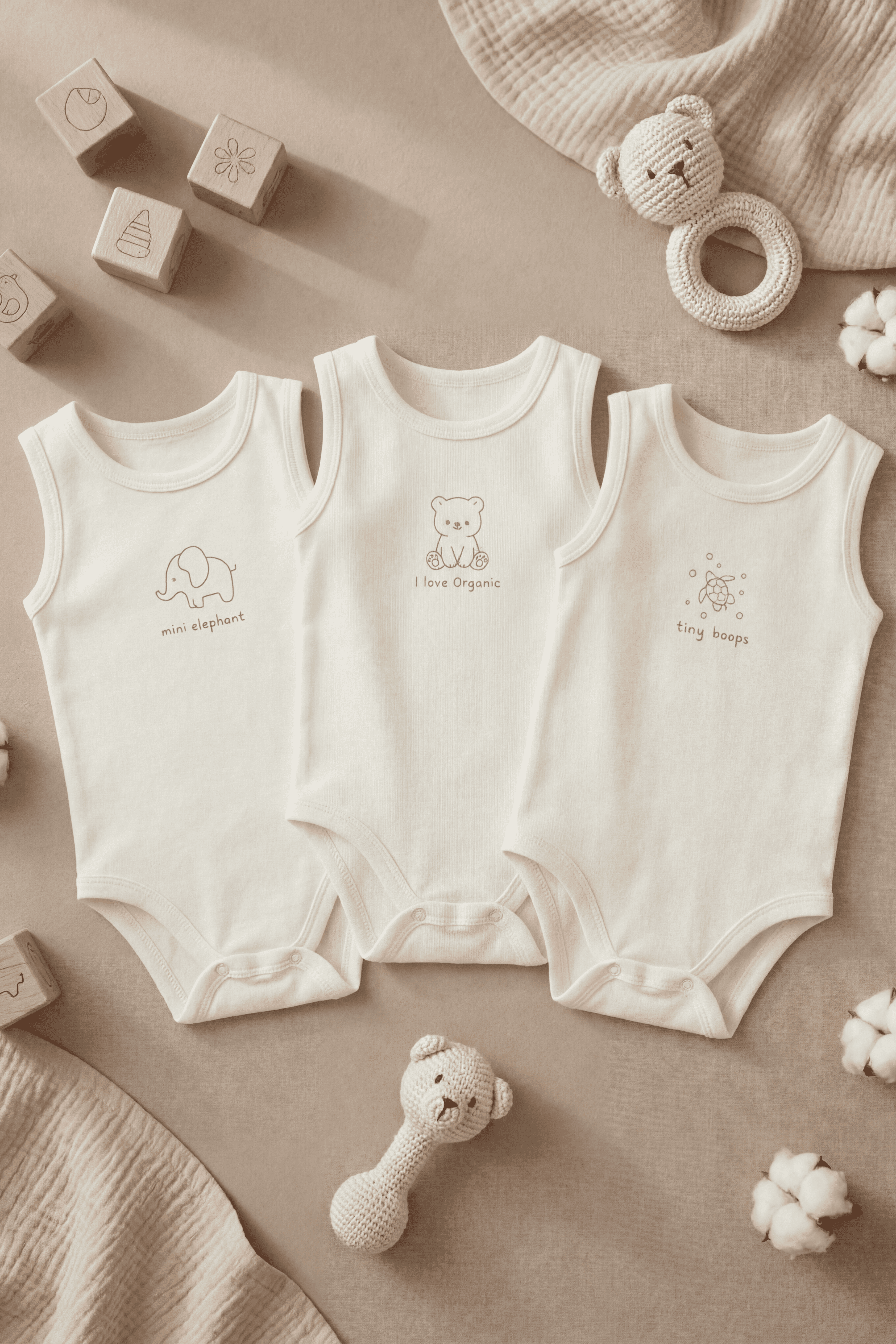 %100 Pamuk I Love Organic Sevimli Baskılı 3'lü Çıtçıtlı Askılı Bebek Body Seti , Zıbın, 0-6 Yaş