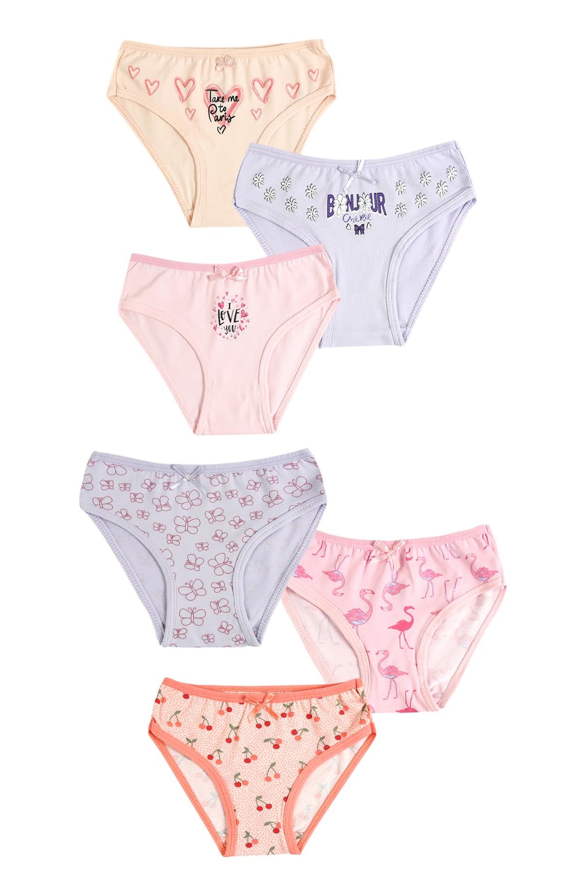 6'lı Kız Çocuk Pamuklu Bonjour & Cherry Karışık Slip Külot