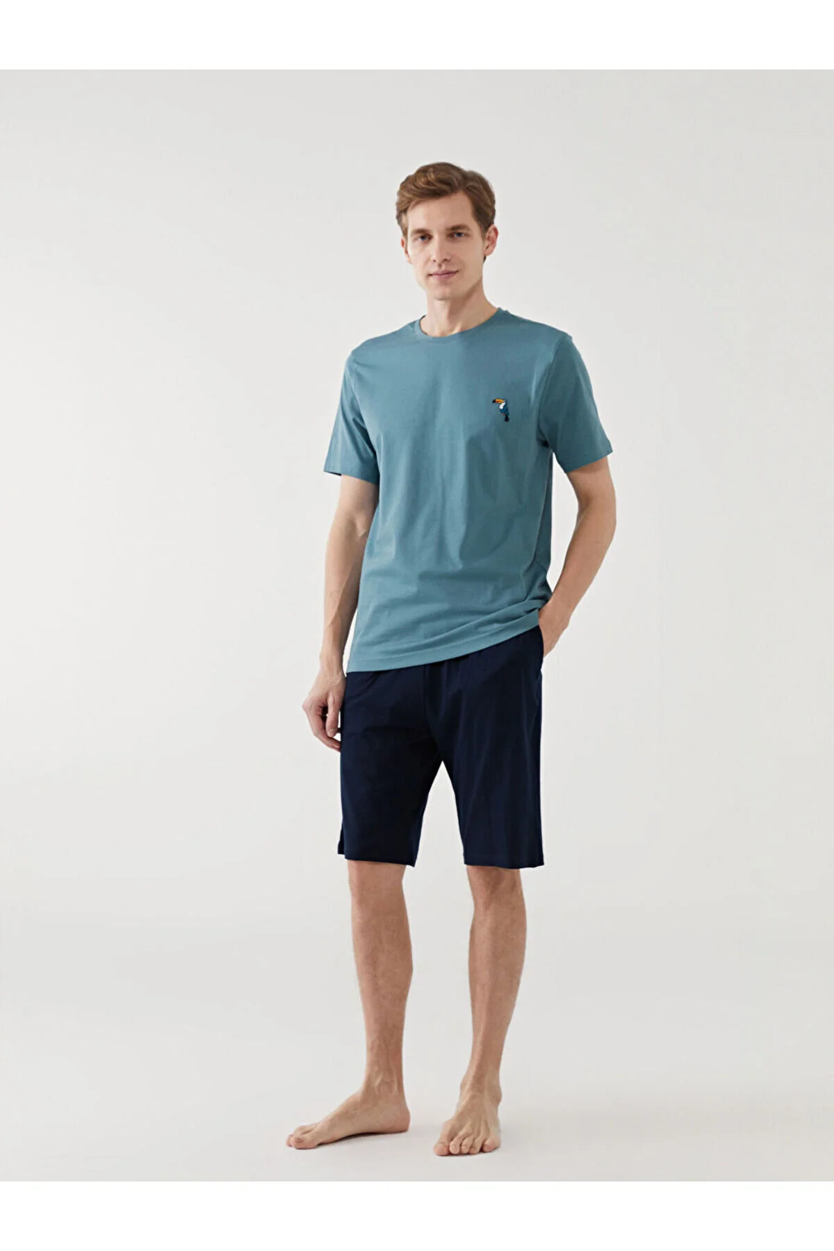 Erkek Basic Kısa Kollu Bermuda Petrol Renk Pijama Takımı