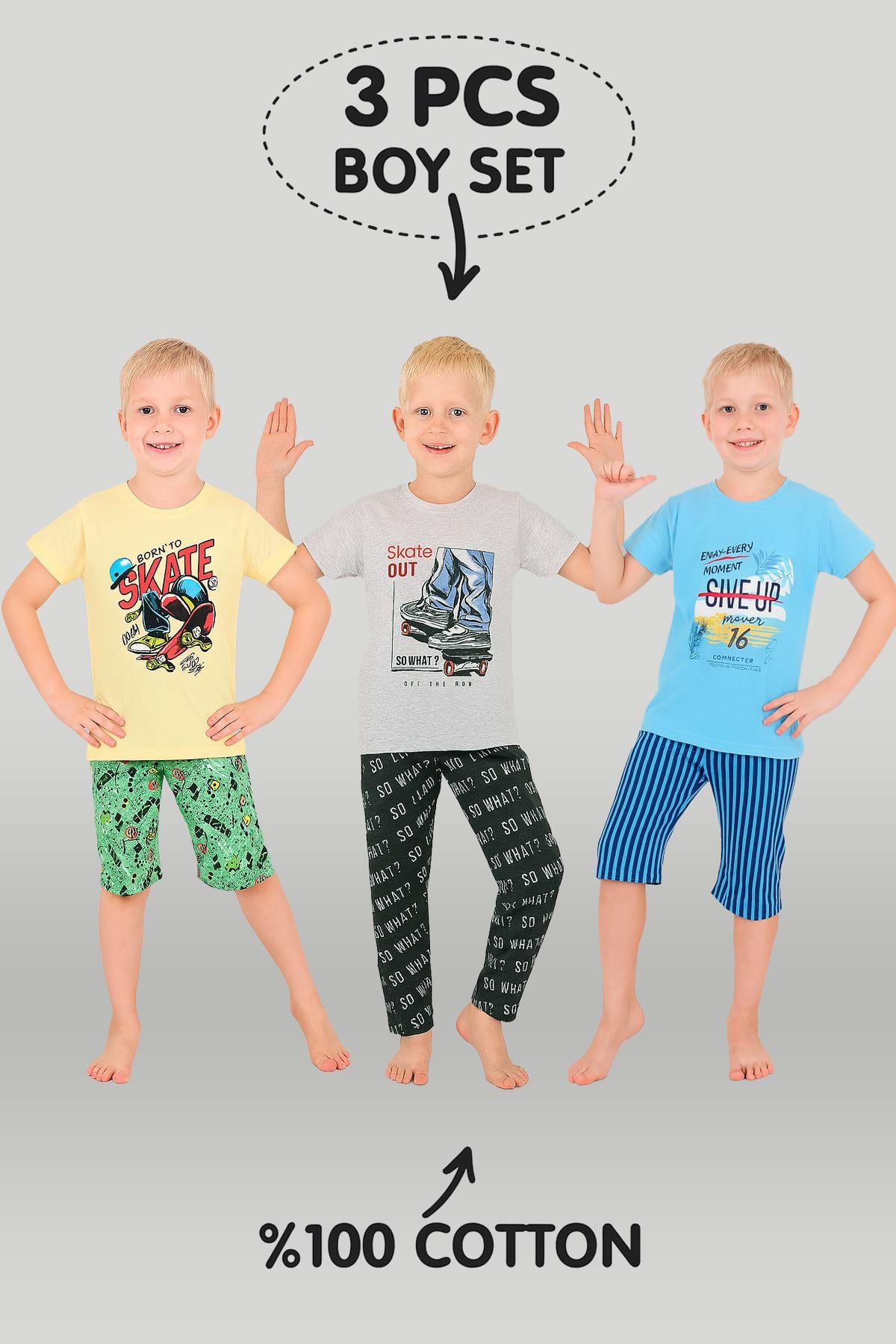 Erkek Çocuk 3'lü %100 Pamuklu 10-11-12 Yaş Pijama Takımı Model:106