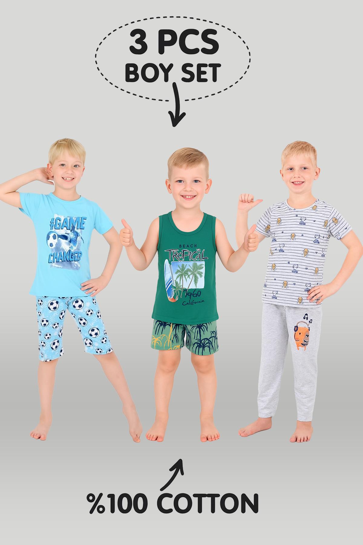Erkek Çocuk 3'lü %100 Pamuklu 4-5-6 Yaş Pijama Takımı Model:110