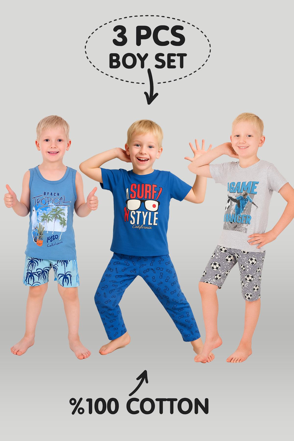 Erkek Çocuk 3'lü %100 Pamuklu 7-8-9 Yaş Pijama Takımı Model:107