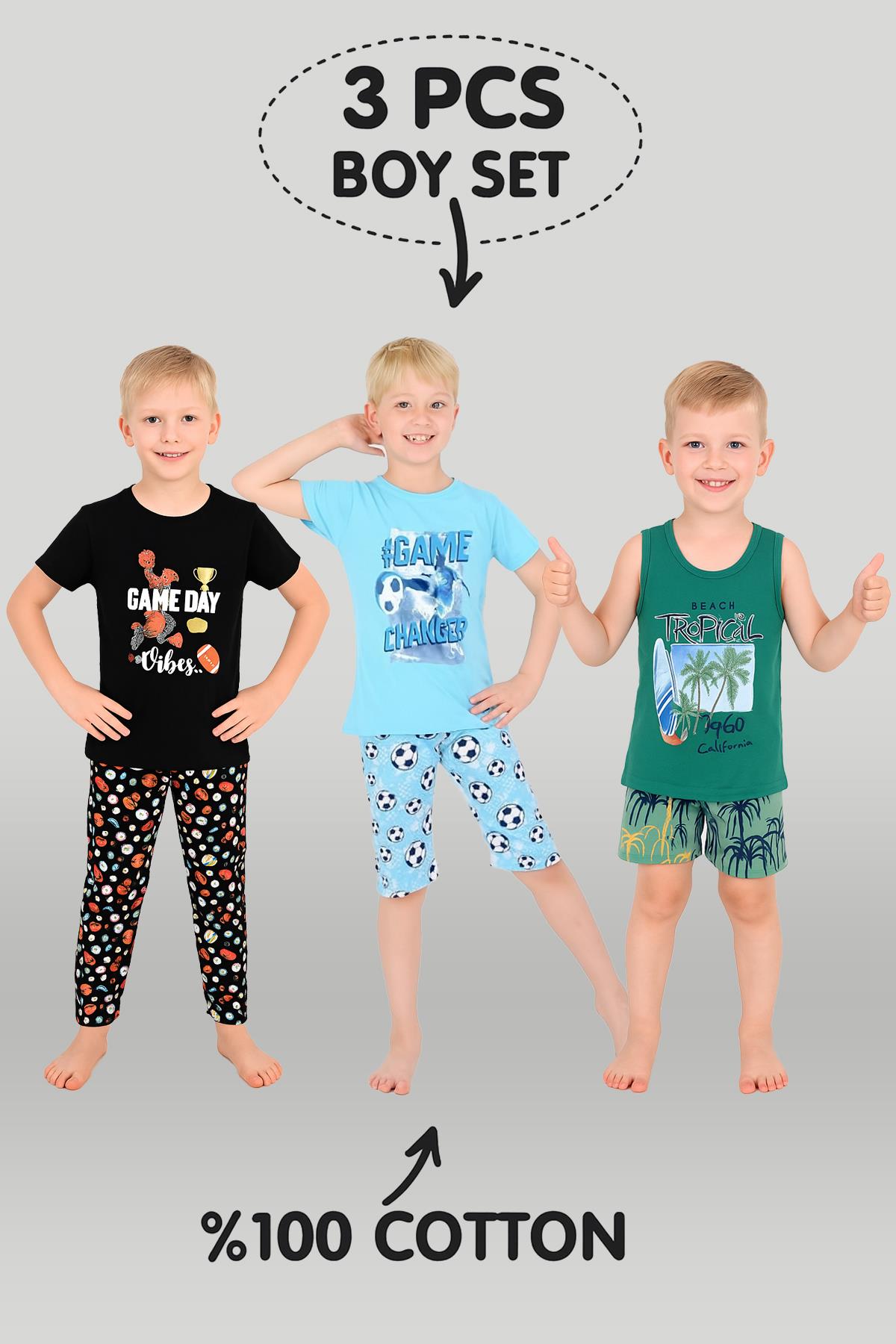 Erkek Çocuk 3'lü %100 Pamuklu 7-8-9 Yaş Pijama Takımı Model:108