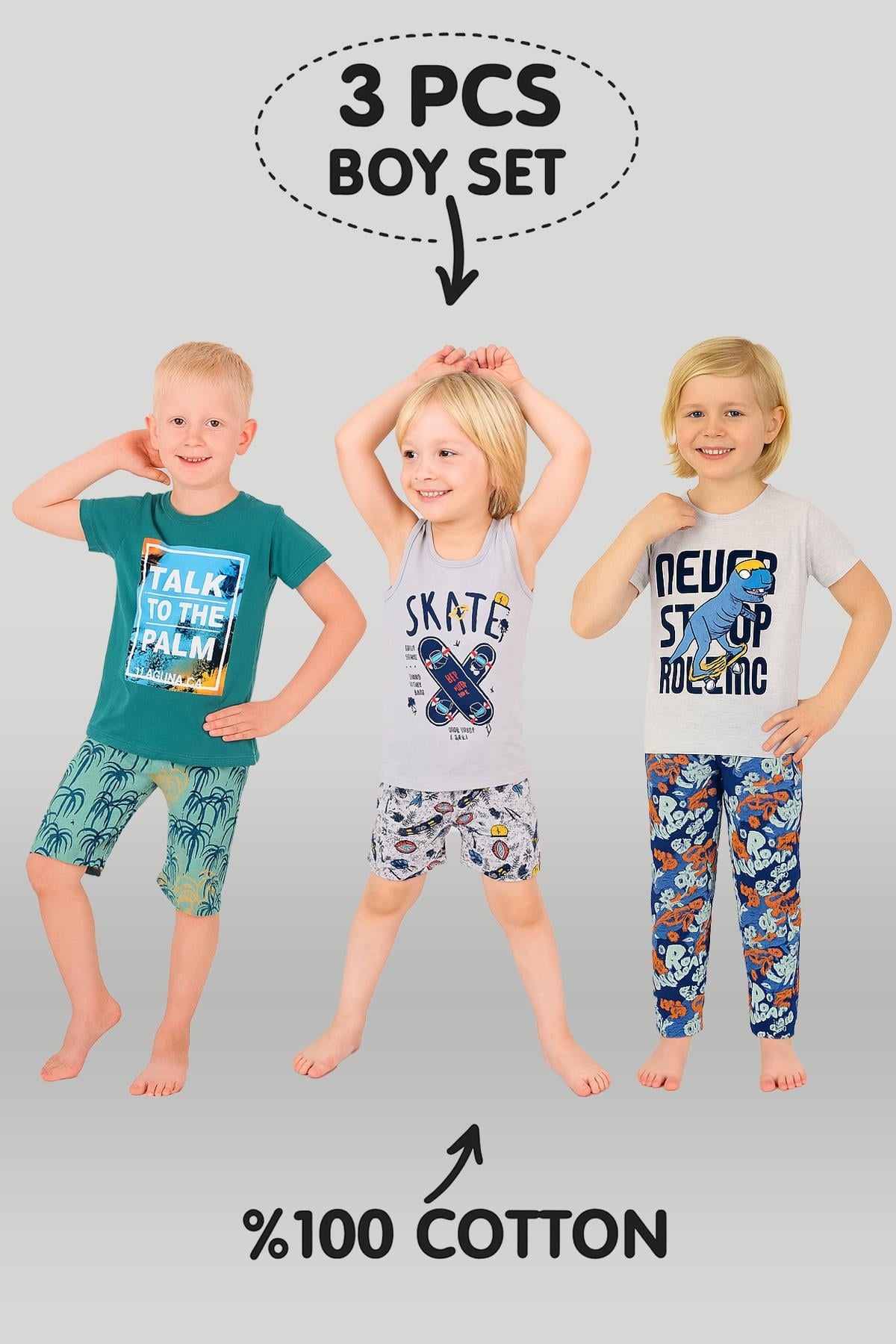 Erkek Çocuk 3'lü %100 Pamuklu 7-8-9 Yaş Pijama Takımı Model:109