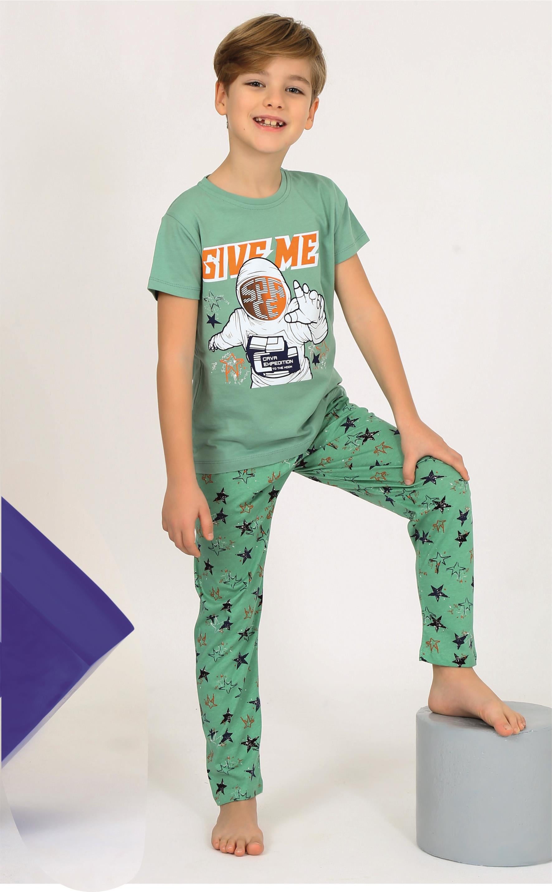 Erkek Çocuk Kısa Kollu %100 Pamuklu Flight Pijama Takımı Mavi