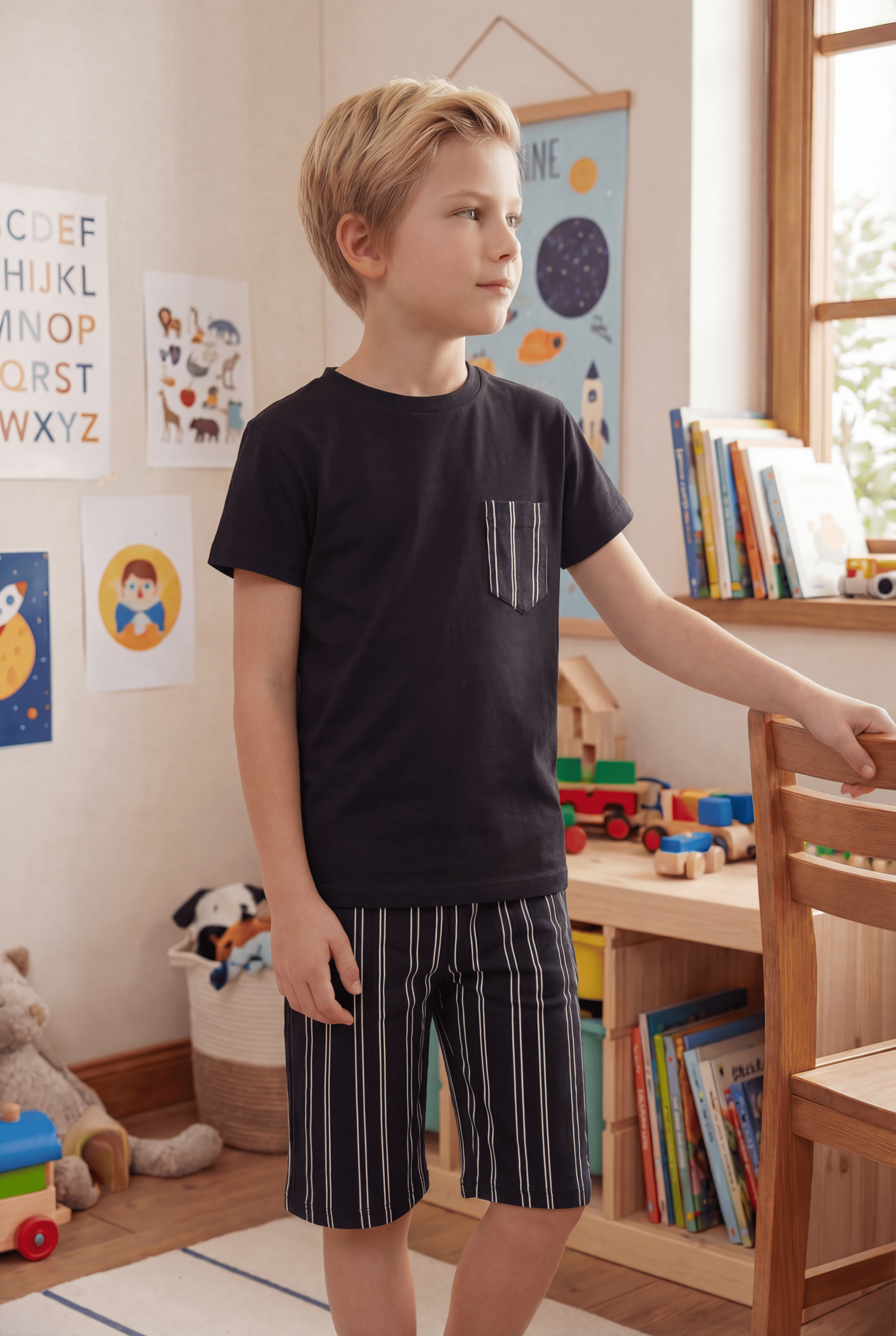 Erkek Çocuk Kısa Kollu Cepli %100 Pamuk Kapri Pijama Takımı Line