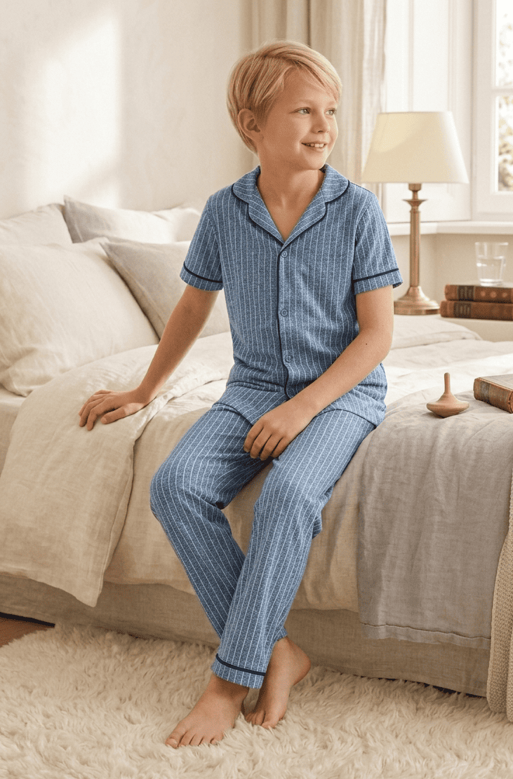 Erkek Çocuk Kısa Kollu Düğmeli %100 Pamuklu Pijama Takımı Kot Çizgili