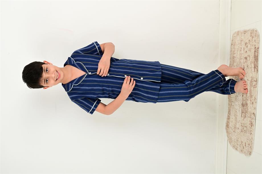 erkek çocuk kısa kollu düğmeli pijama takımı atlas model indigo