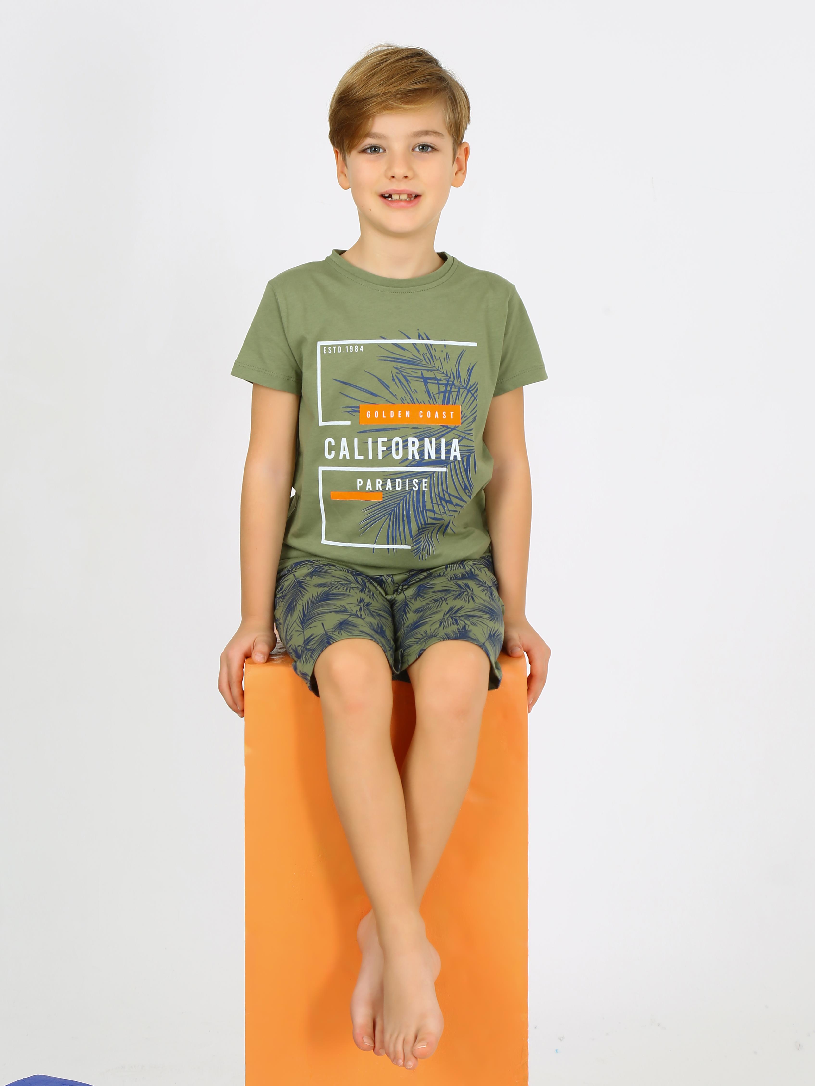 Erkek Çocuk Kısa Kollu Kapri %100 Pamuklu Golden Pijama Takımı Yeşil