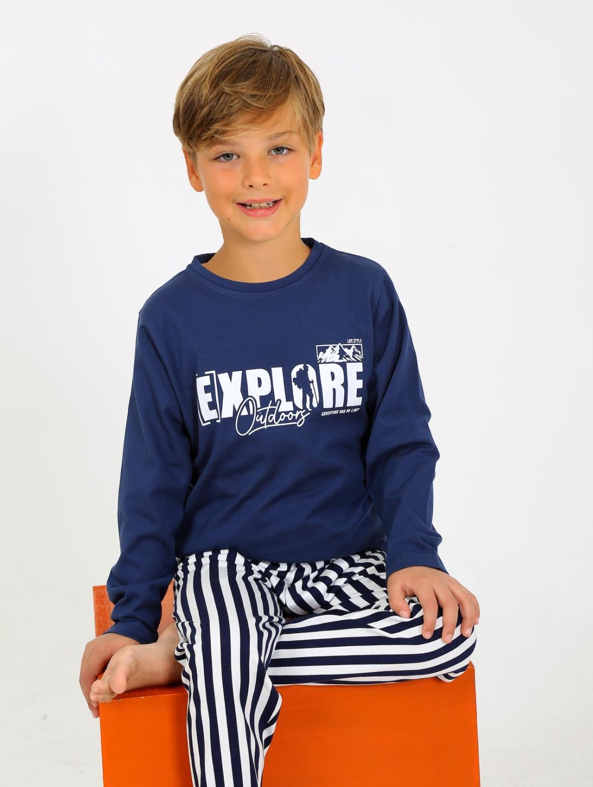 Erkek Çocuk Uzun Kollu %100 Pamuklu Pijama Takımı Explore İndigo