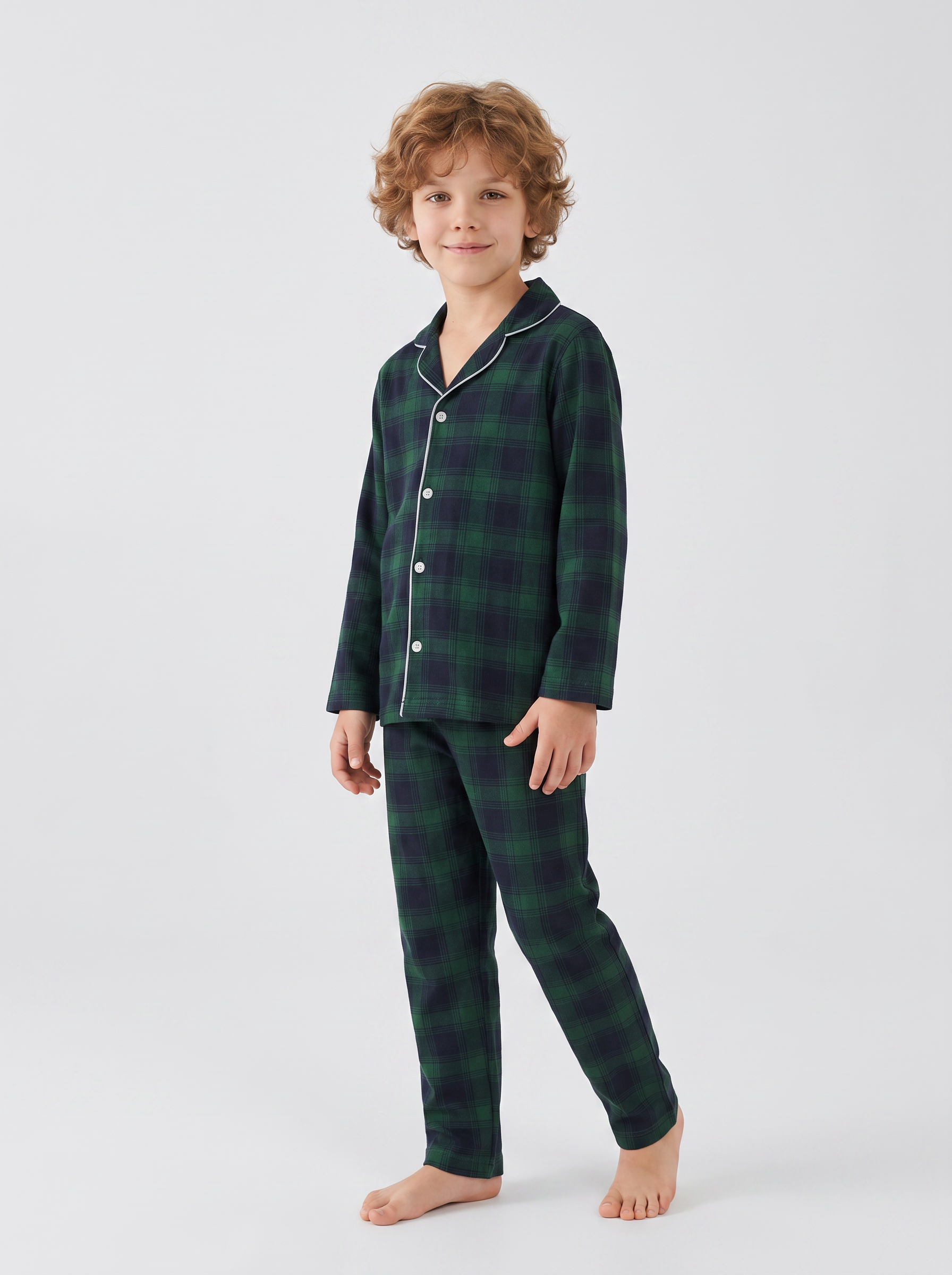 Erkek Çocuk Uzun Kollu Düğmeli %100 Pamuklu Pijama Takımı Yeşil Ekose