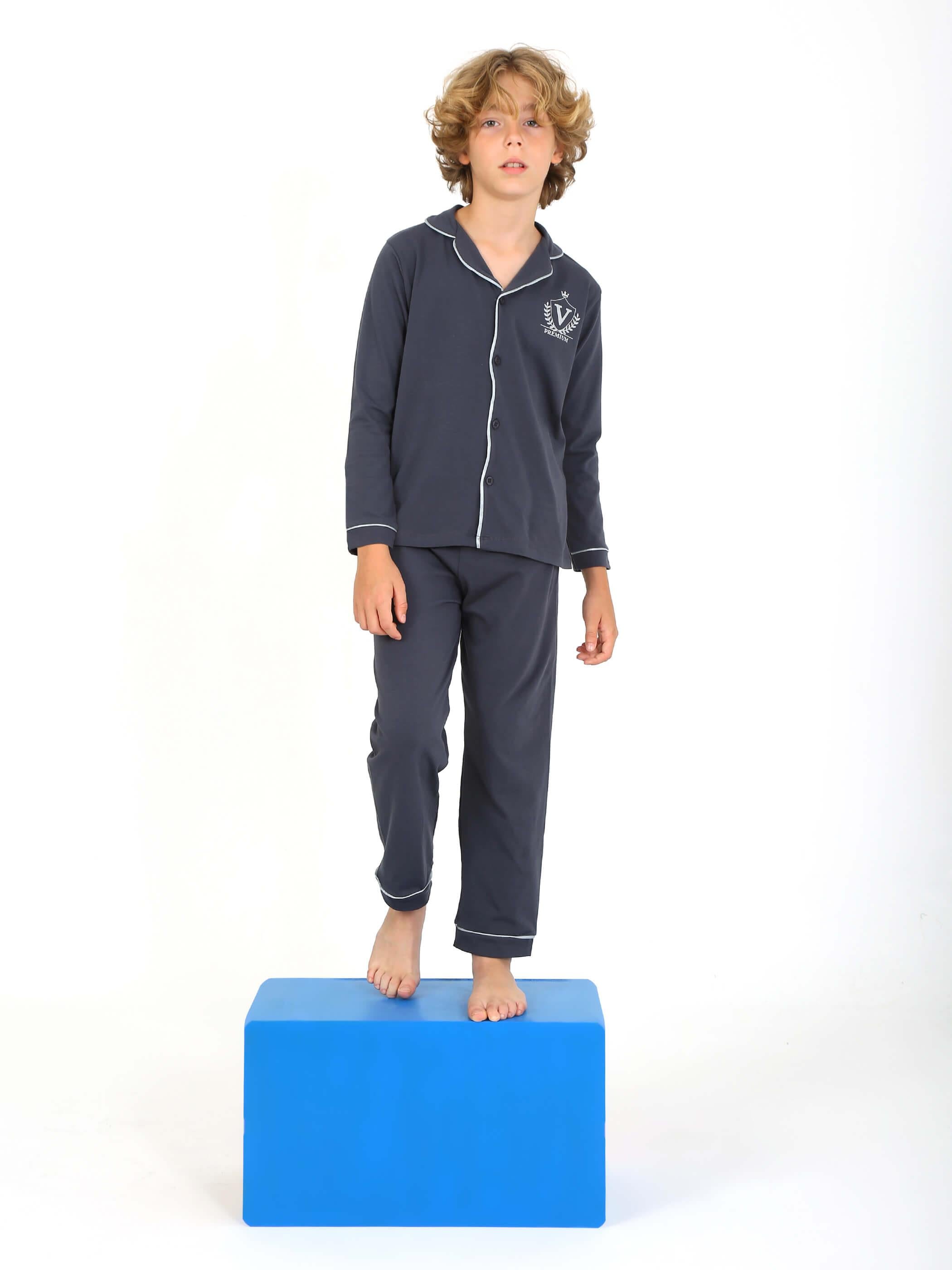 Erkek Çocuk Uzun Kollu Pijama Takımı Düğmeli Düz Vip Antrasit