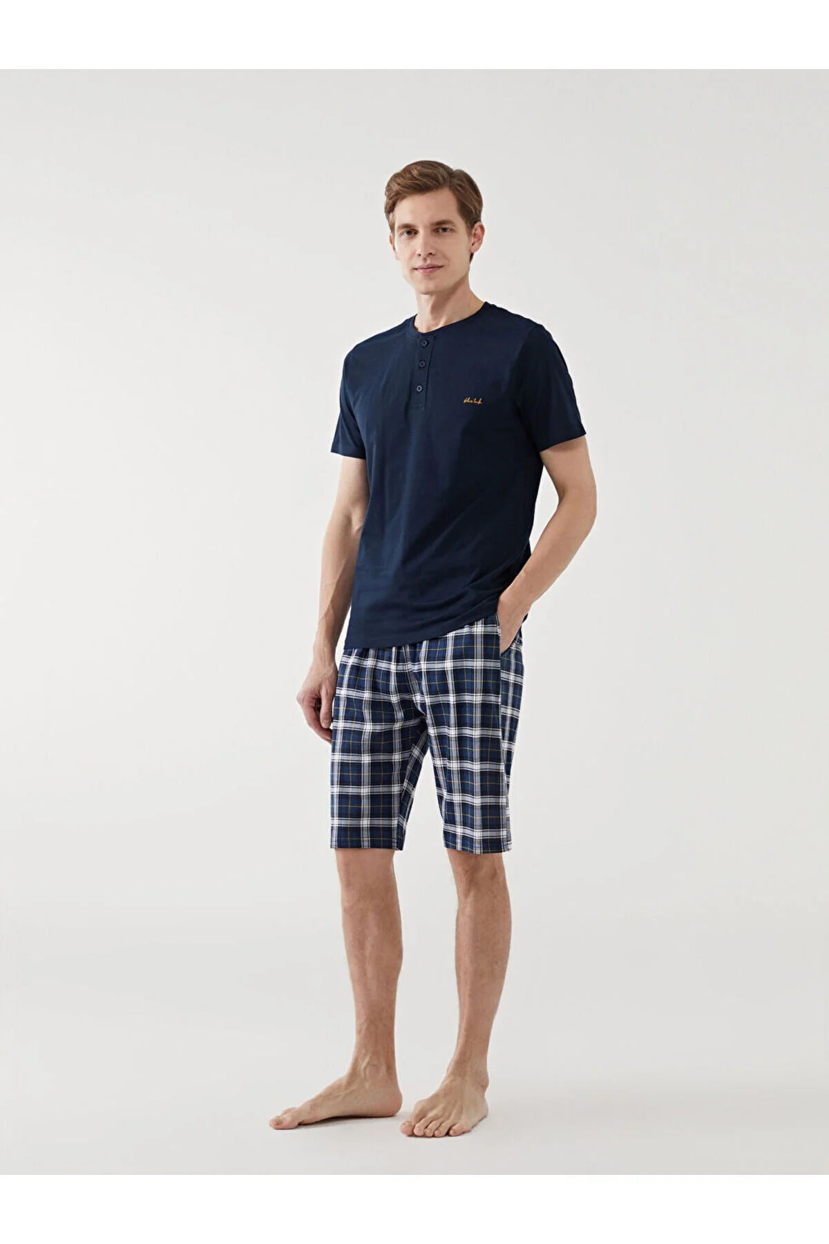 Erkek Düğme Detaylı Kısa Kollu Bermuda Lacivert Pijama Takımı