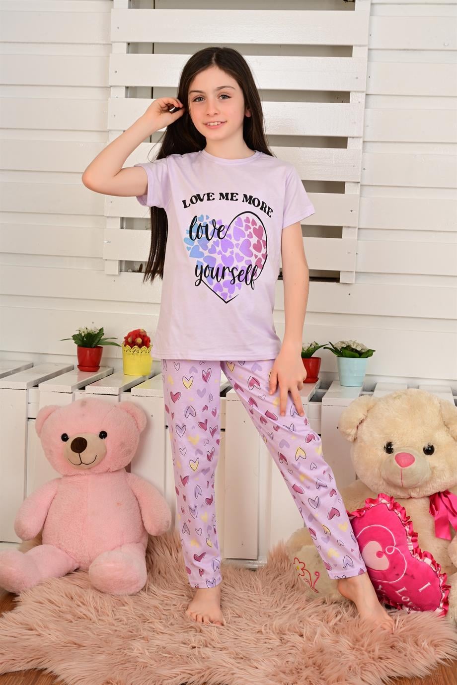 kısa kollu kız çocuk pijama takımı love me more lila
