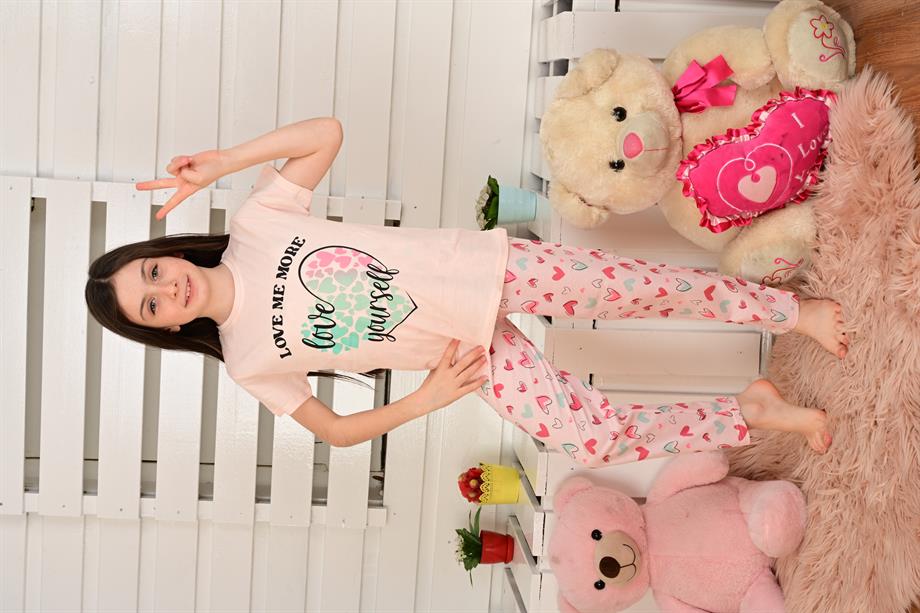 kısa kollu kız çocuk pijama takımı love me more somon