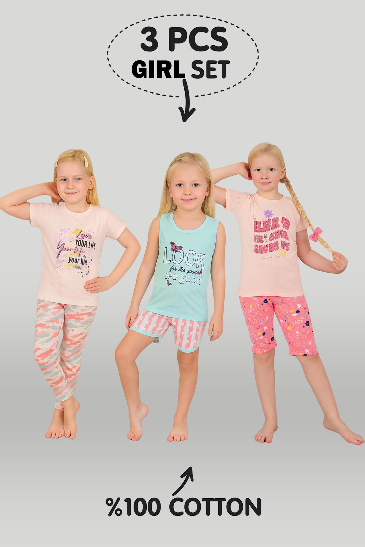 Kız Çocuk 3'lü %100 Pamuklu 1-2-3 Yaş Pijama Takımı Model:130