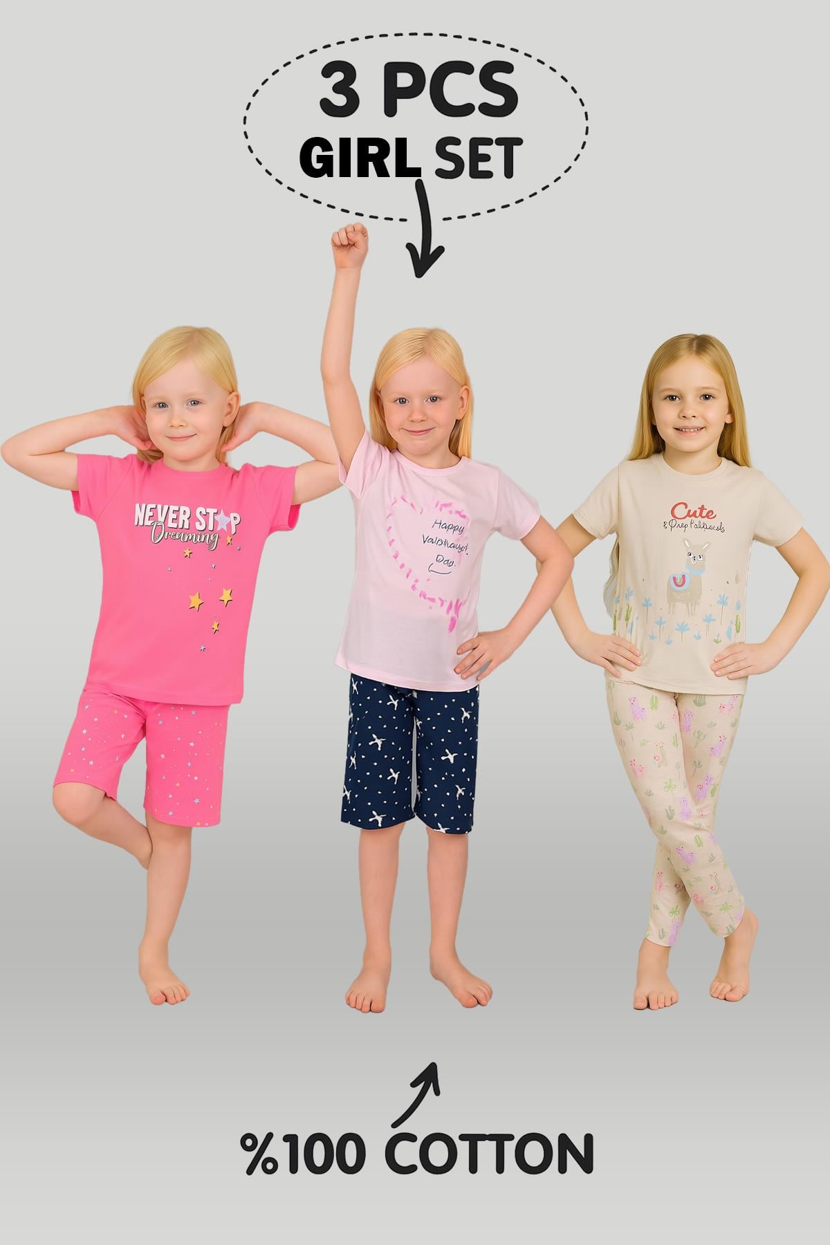 Kız Çocuk 3'lü %100 Pamuklu 13-14-15 Yaş Pijama Takımı Model:117