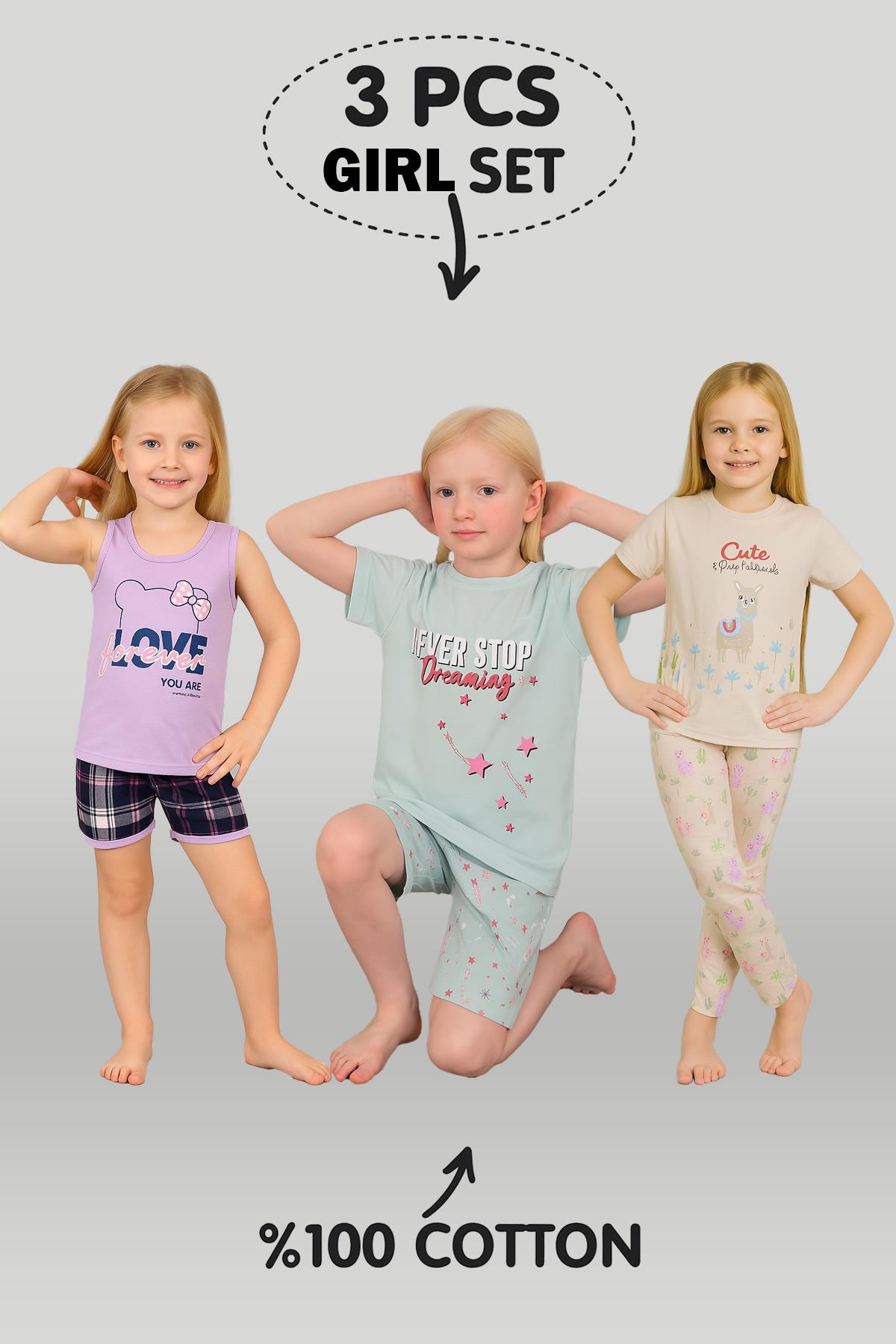 Kız Çocuk 3'lü %100 Pamuklu 4-5-6 Yaş Pijama Takımı Model:125
