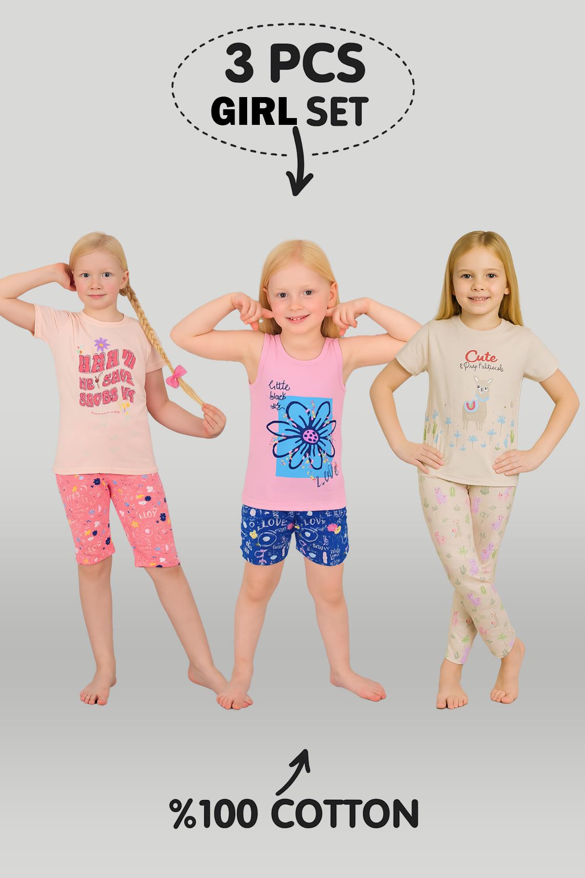 Kız Çocuk 3'lü %100 Pamuklu 7-8-9 Yaş Pijama Takımı Model:122