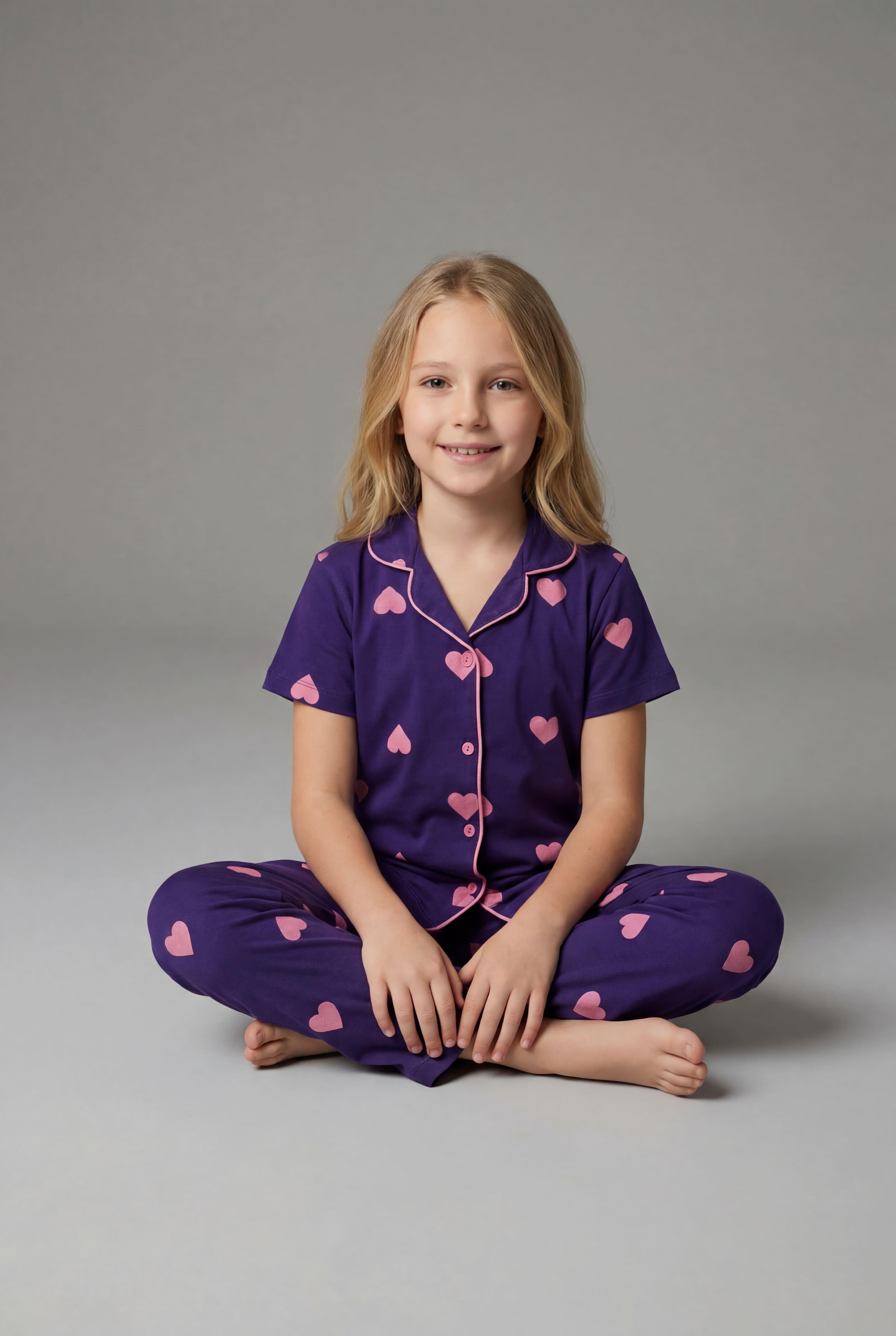 Kız Çocuk Kısa Kollu %100 Pamuklu Düğmeli Pijama Takımı Dreamy Purple