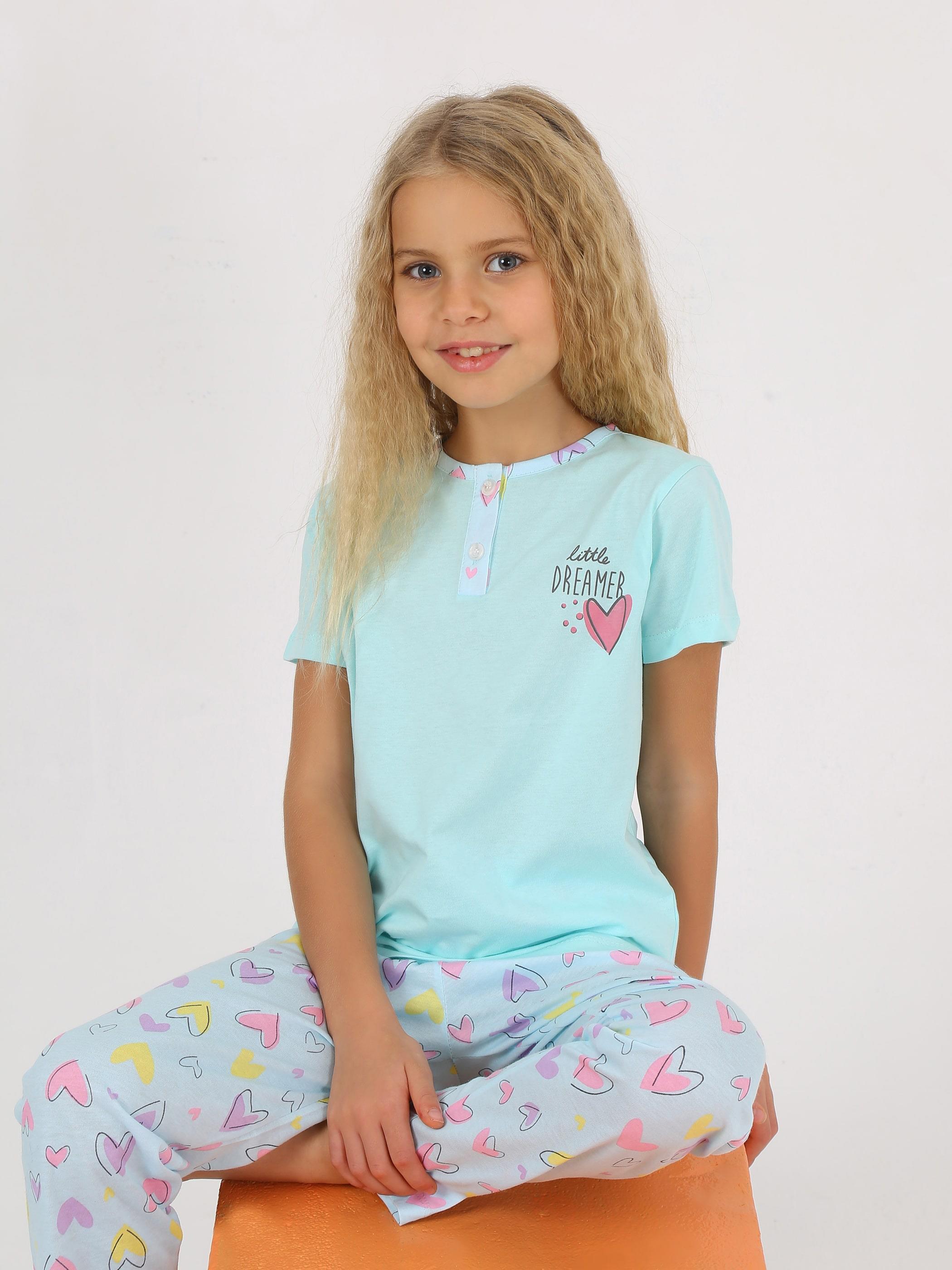 Kız Çocuk Kısa Kollu %100 Pamuklu Düğme Detaylı Little Dreamer Pijama Takımı Yeşil
