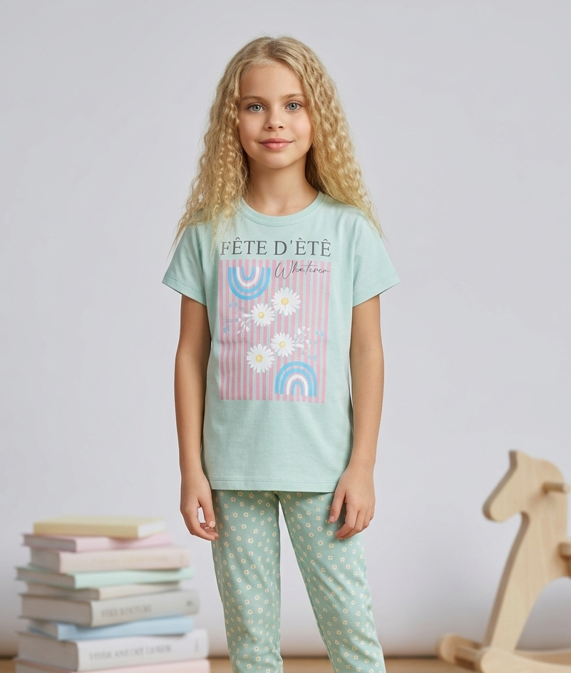 Kız Çocuk Kısa Kollu %100 Pamuklu Pijama Takımı Sunshine