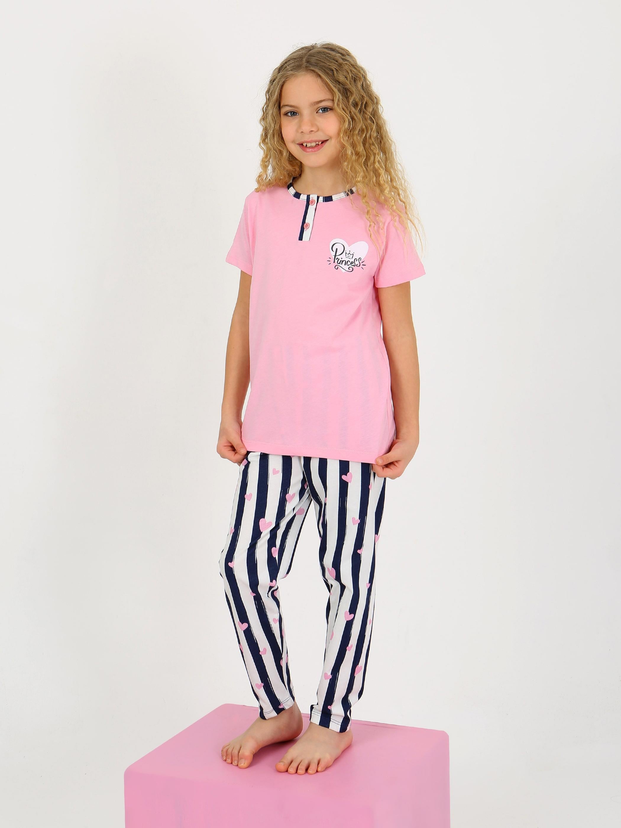 Kız Çocuk Kısa Kollu Düğme Detaylı %100 Pamuklu Pijama Takımı Princess Heart
