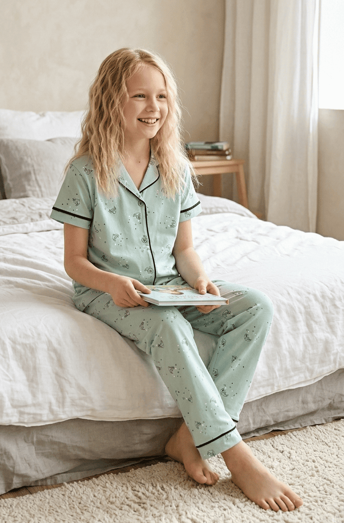 Kız Çocuk Kısa Kollu Düğmeli %100 Pamuklu Pijama Takımı Night Bear