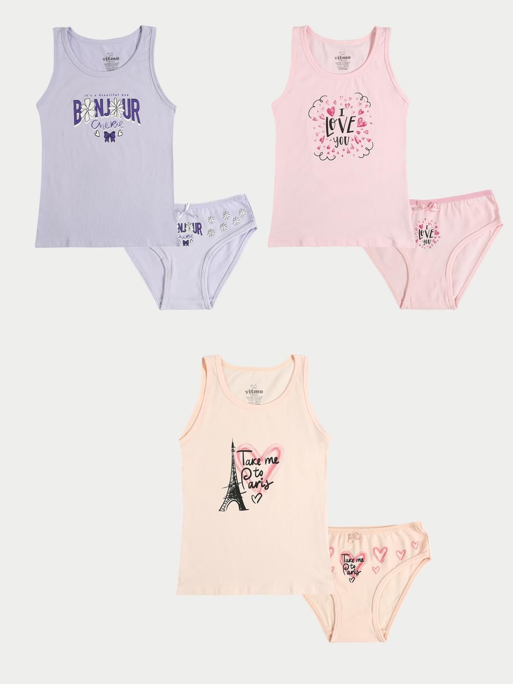 Kız Çocuk Pamuklu 3'lü Atlet 3'lü Slip Karışık Renk Bonjour 6 Parça Set