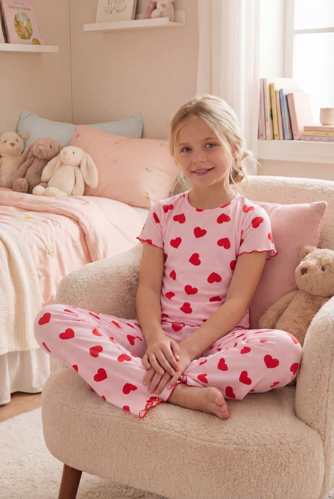 Kız Çocuk Pamuklu Kayık Yaka Kısa Kollu Pijama Takımı Yeni Sezon