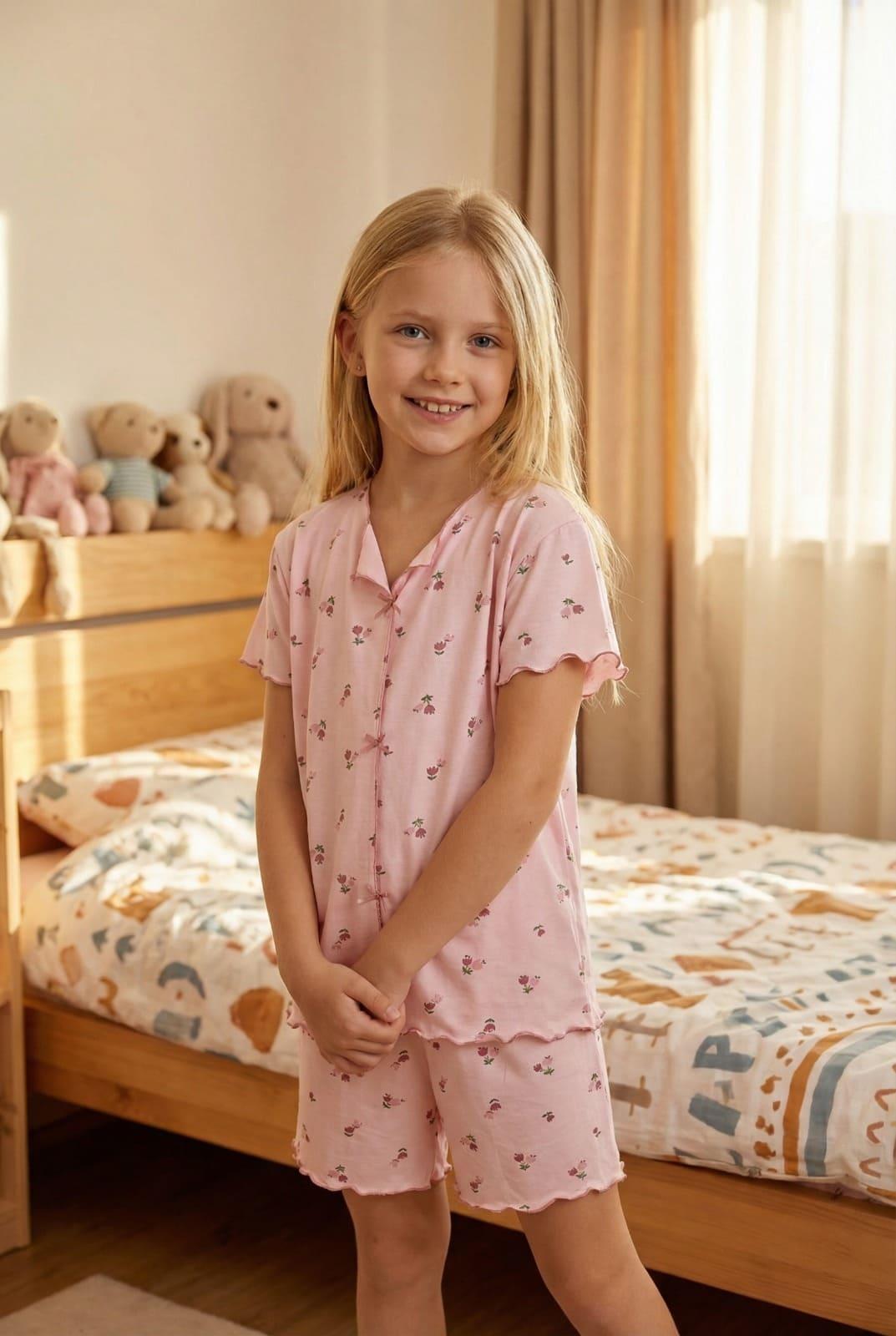 Kız Çocuk Pamuklu Önden Dikişli Şort Pijama Takımı Yeni Sezon