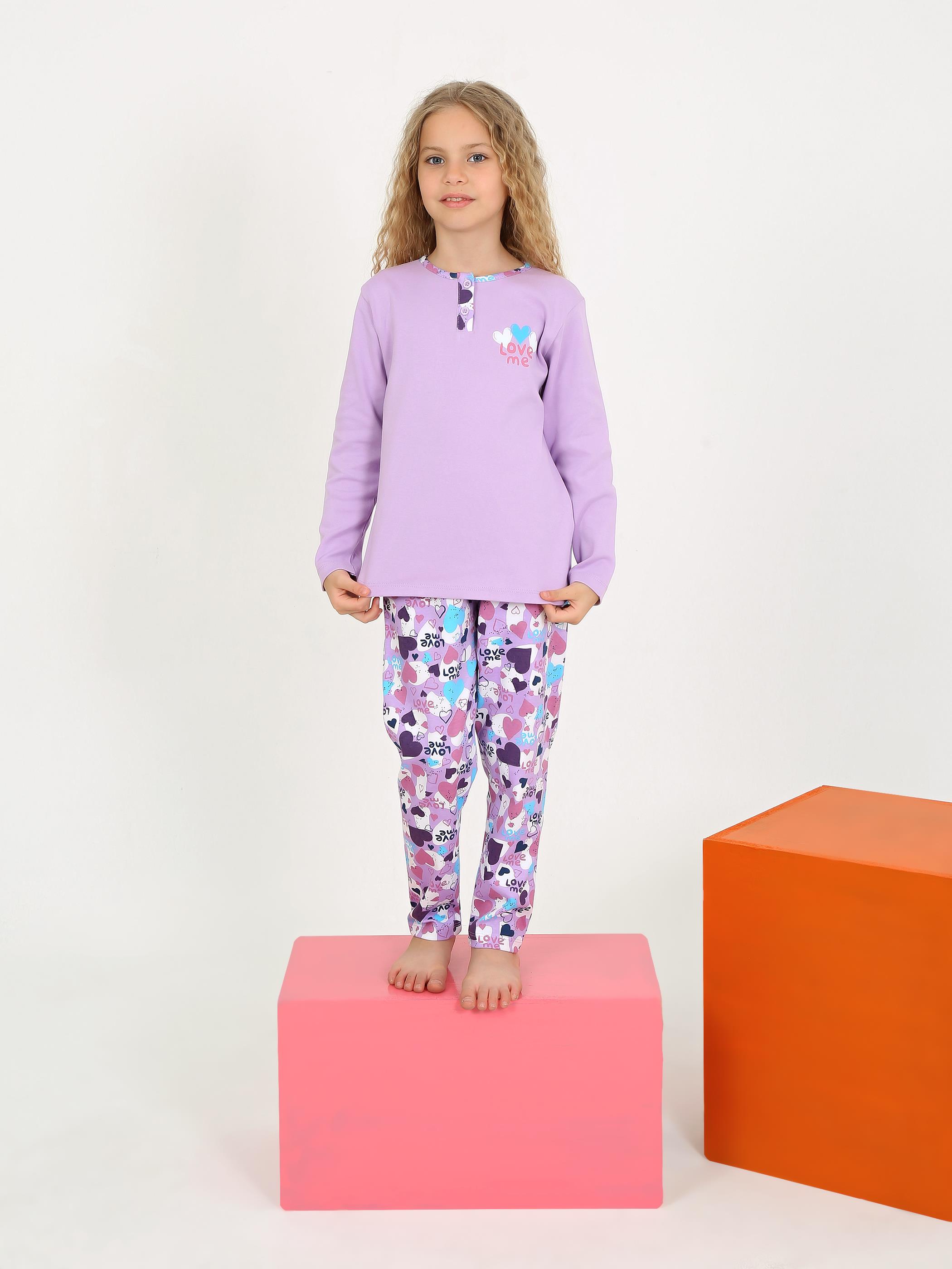 Kız Çocuk Uzun Kollu %100 Pamuklu Düğme Detaylı Pijama Takımı Love Me