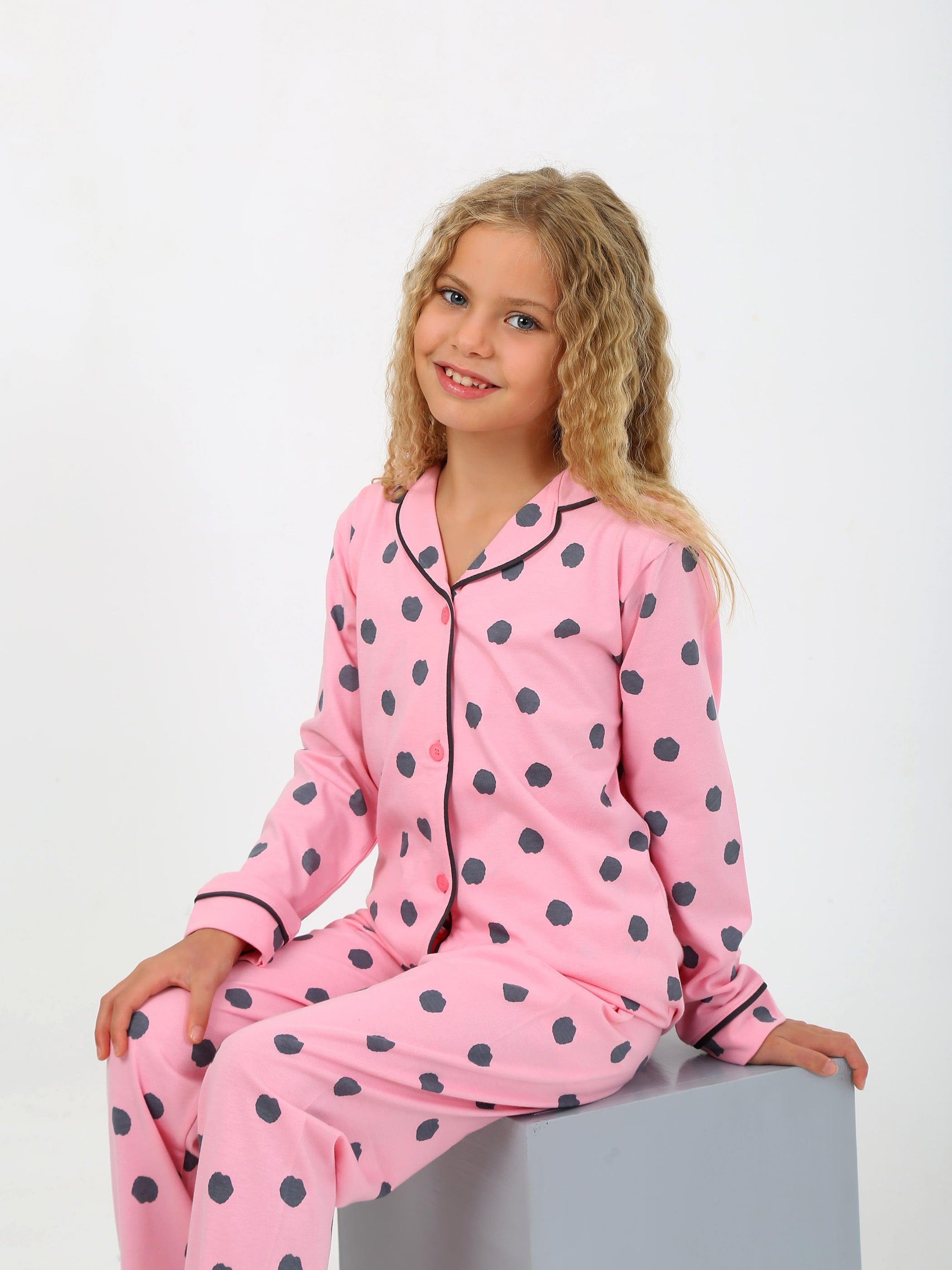Kız Çocuk Uzun Kollu %100 Pamuklu Düğmeli Pijama Takımı Soft