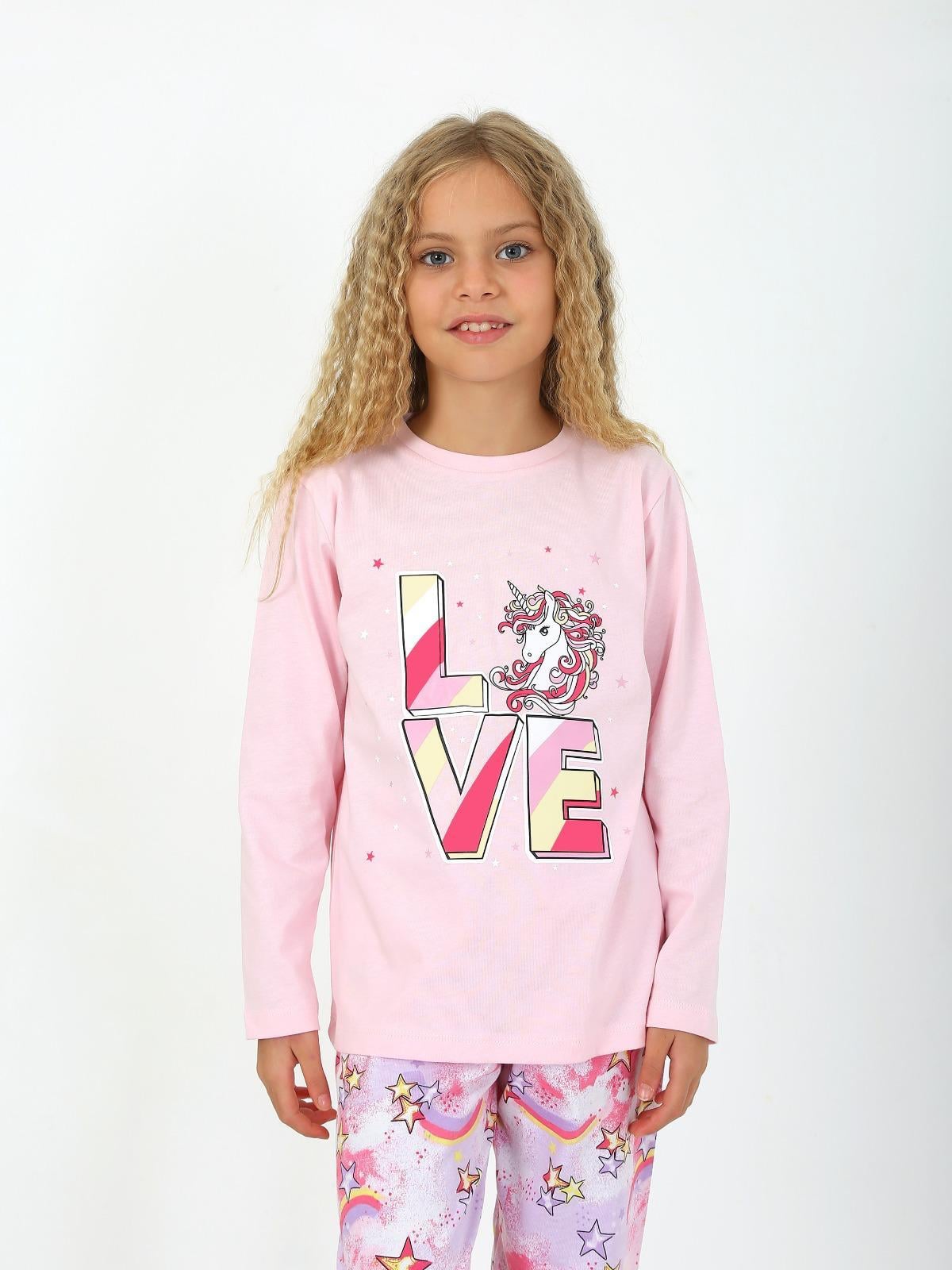 Kız Çocuk Uzun Kollu %100 Pamuklu Pijama Takımı Star Love Toz Pembe
