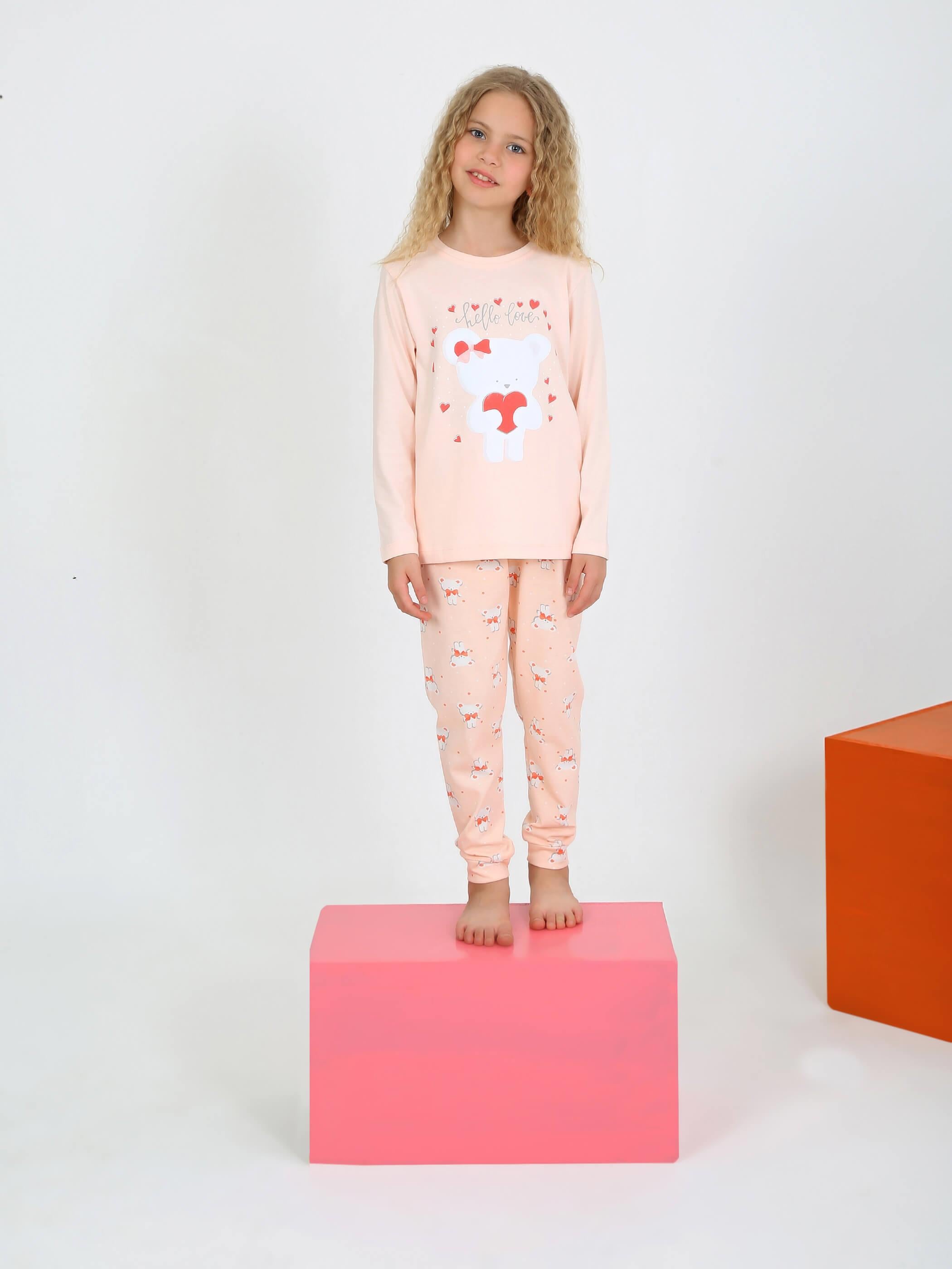 Kız Çocuk Uzun Kollu Fiyonklu Ayıcık Model Pijama Takımı