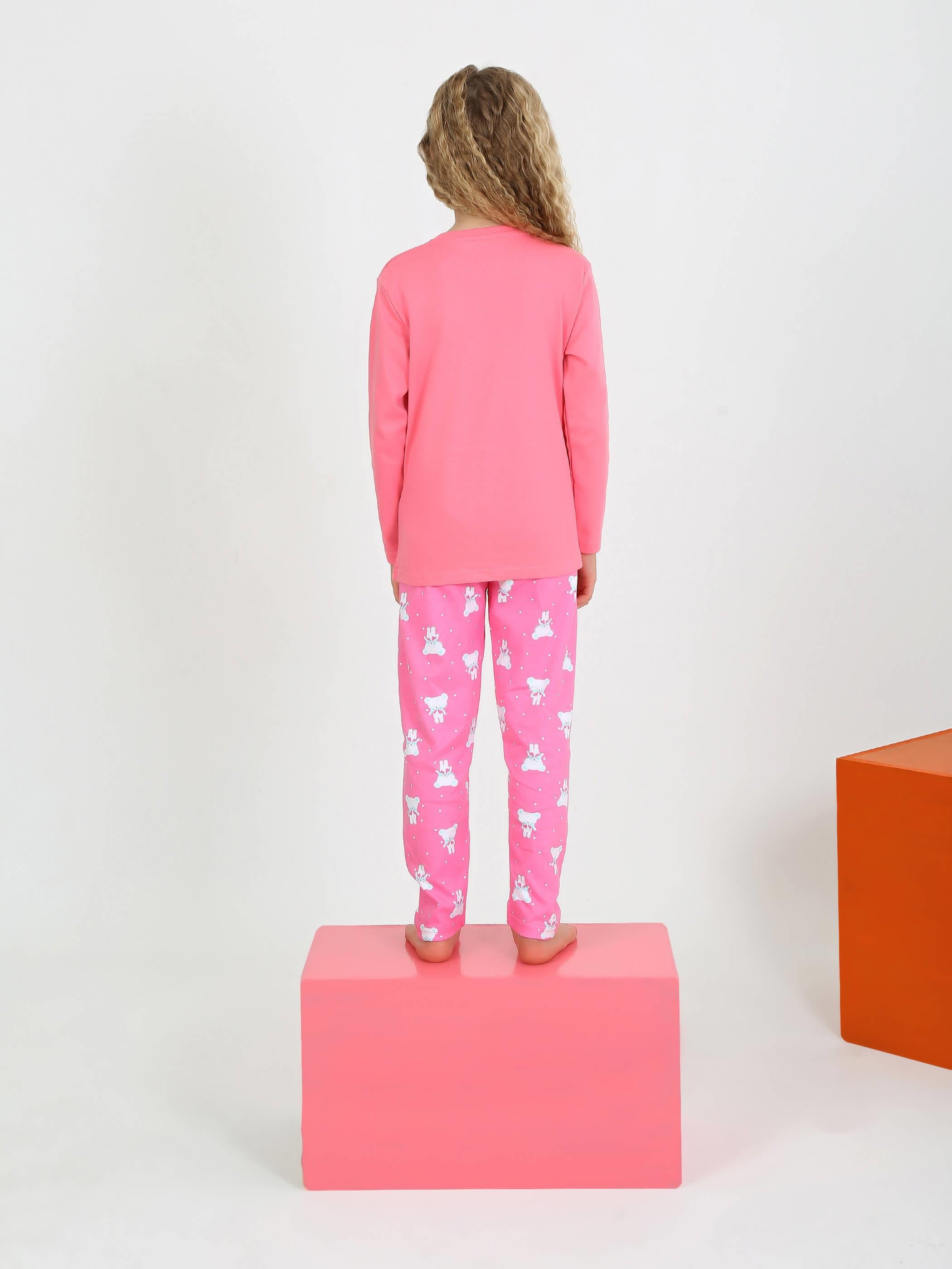 Kız Çocuk Uzun Kollu Fiyonklu Ayıcık Model Pijama Takımı