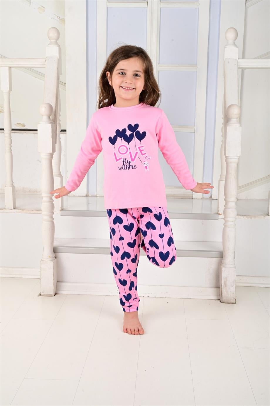 Kız Çocuk Uzun Kollu Pijama Takımı Ballon Hearth Pembe