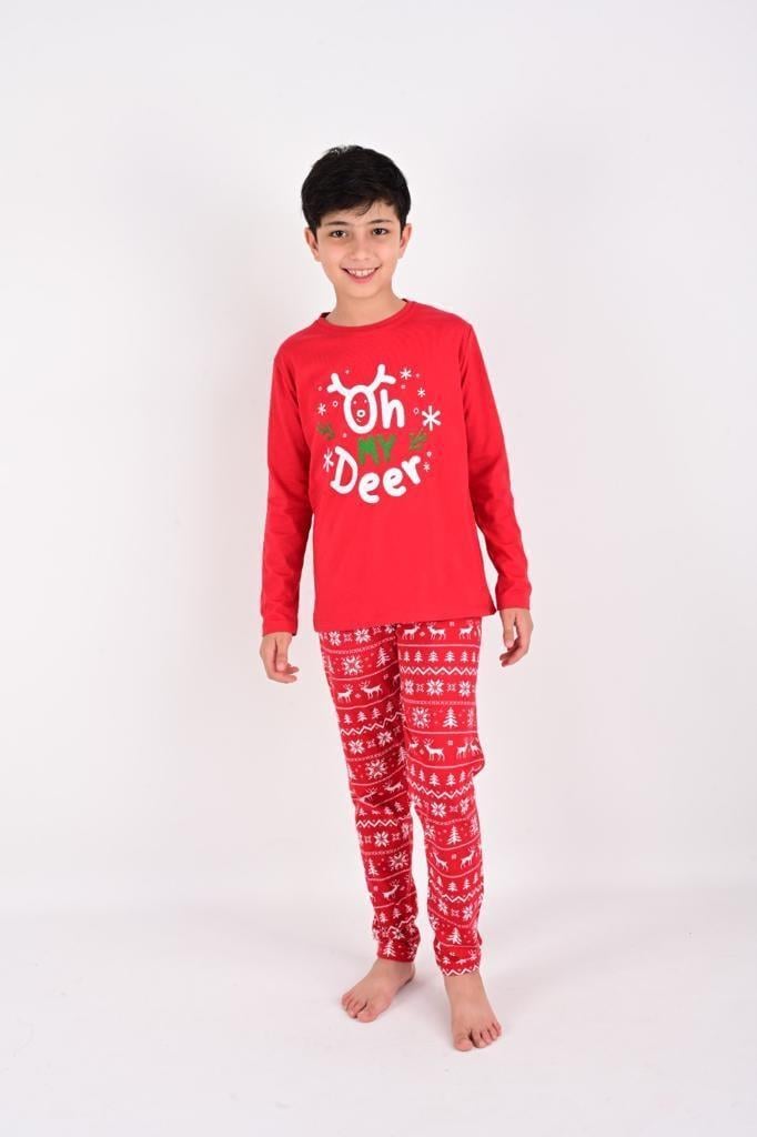 Kız / Erkek Çocuk Yılbaşı Geyik Desen Uzun Kollu %100 Pamuklu Pijama Takımı